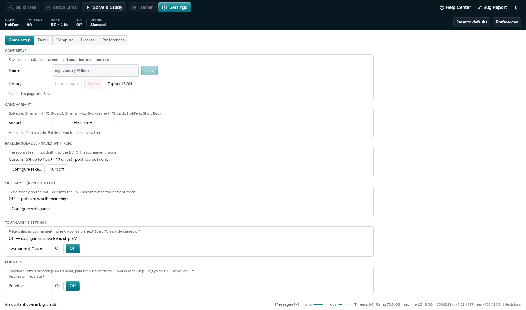 Settings on the Game setup tab: a named-setup library, the game variant picker set to Hold’em, rake, side games, tournament mode and bounties.